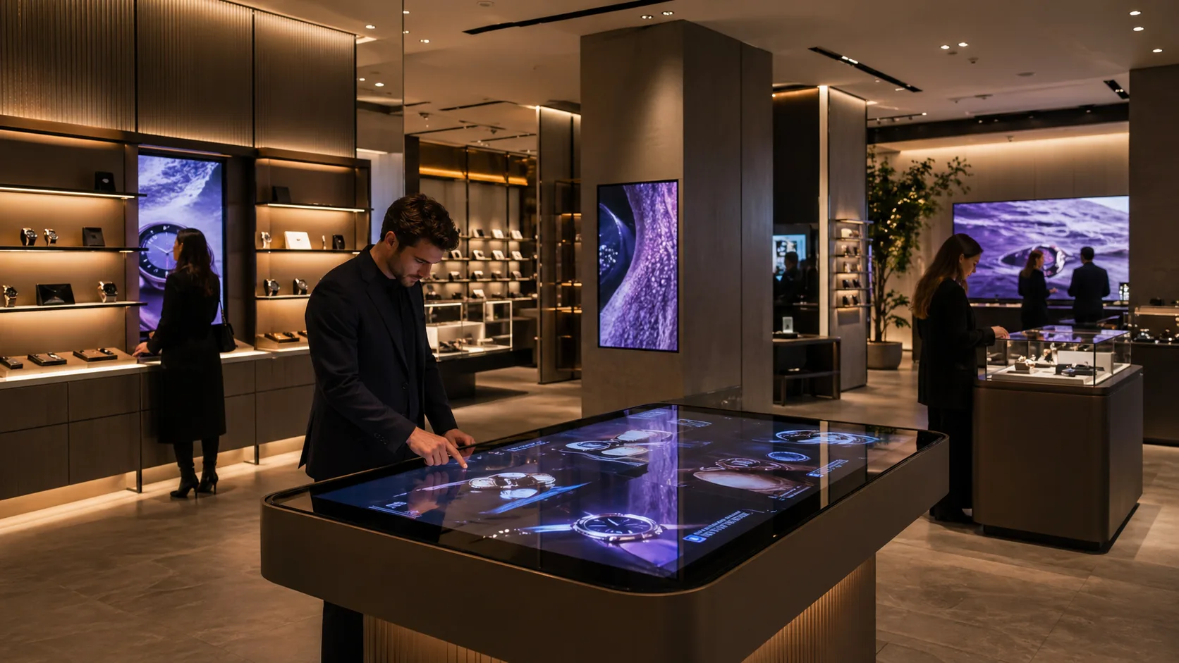 Showroom interativo premium com mesa e superfícies digitais