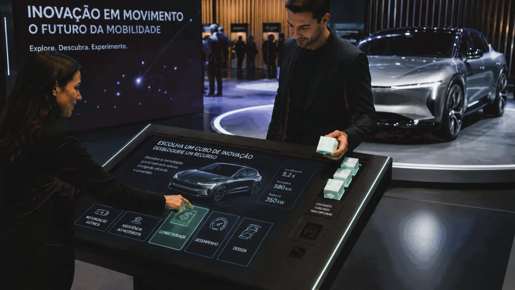 Mesa interativa com cubos RFID em lançamento de mobilidade