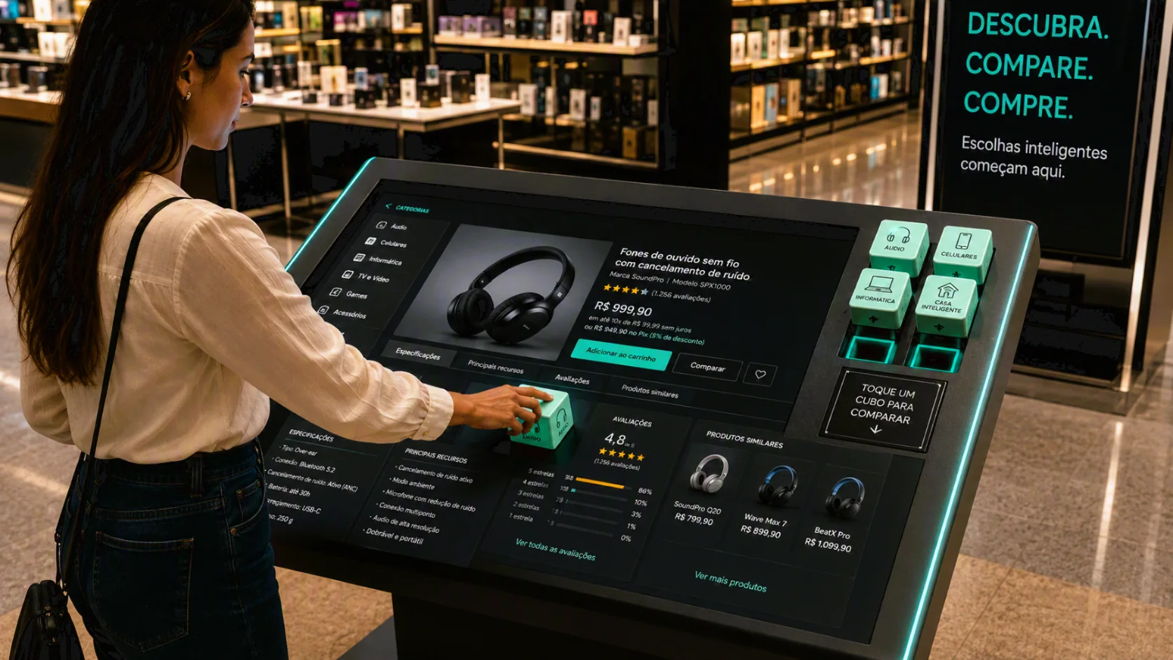 Mesa interativa com cubos RFID para descoberta de produtos no varejo